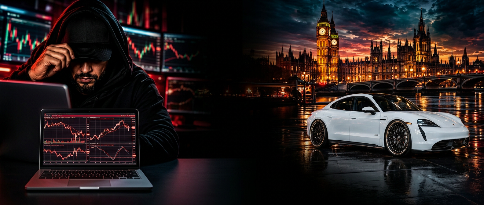 Hooded trader at a trading desk, with a white sports car and London's Westminster skyline
